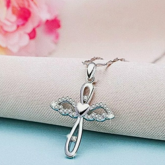 Silver Angel Wings Cross Pendant Clavicle Chain Necklace - Picture 2 of 8